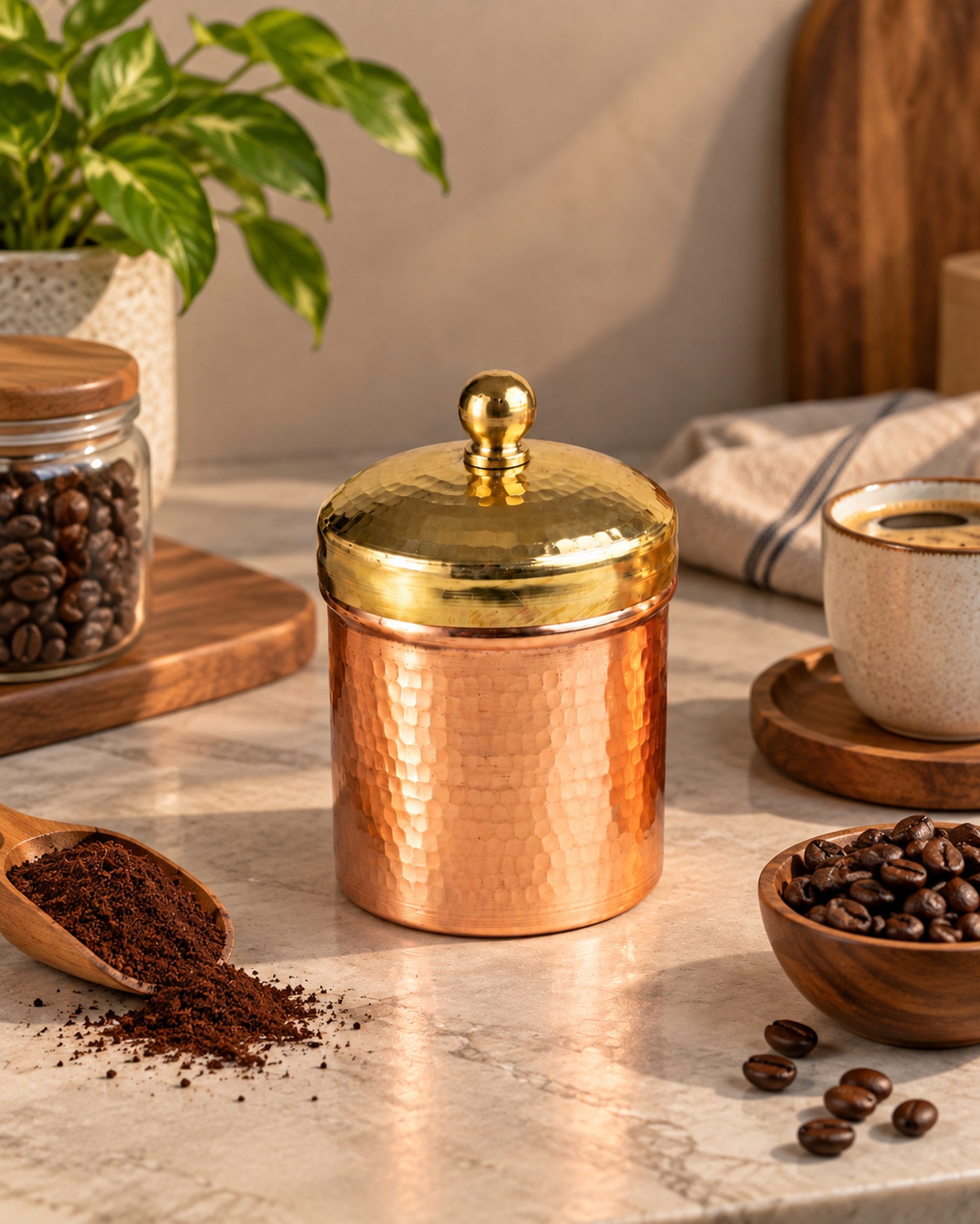 Dhatu Handcrafted Copper Tea, Coffee & Sugar Storage Container with Brass Lid (300 gm) - Image 4