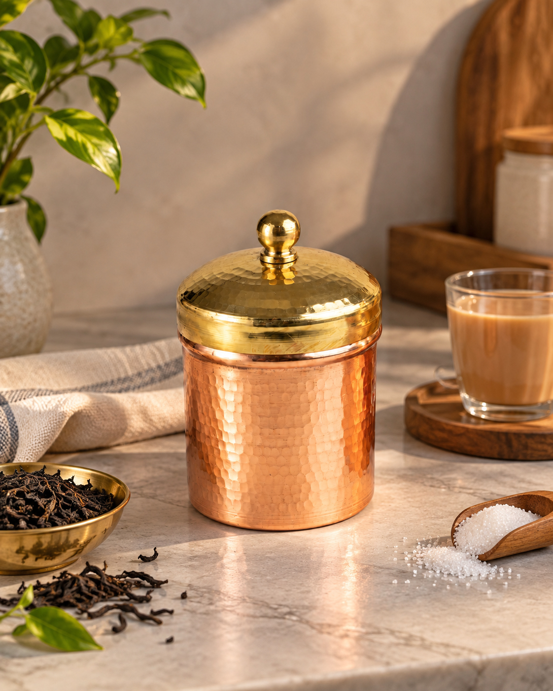 Dhatu Handcrafted Copper Tea, Coffee & Sugar Storage Container with Brass Lid (300 gm) - Image 3